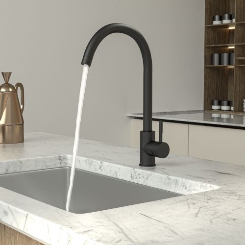 High Arc 360° Swivel Spout Single handle Matte Black or Gold Kitchen Bar Sink Faucet with Water Supply Hoses
